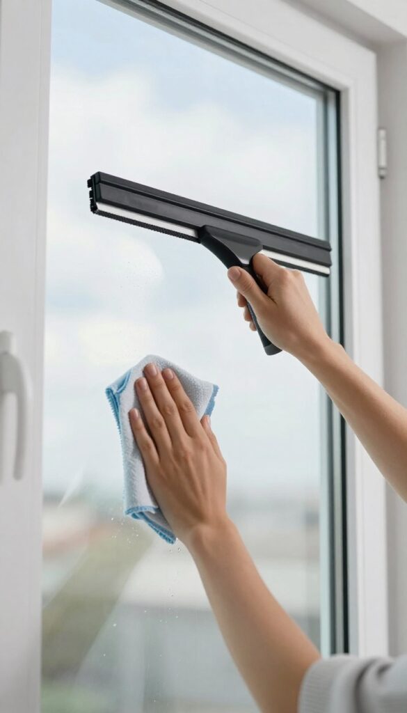 Person cleaning a window on a cloudy day to avoid streaks, using a squeegee and microfiber cloth.