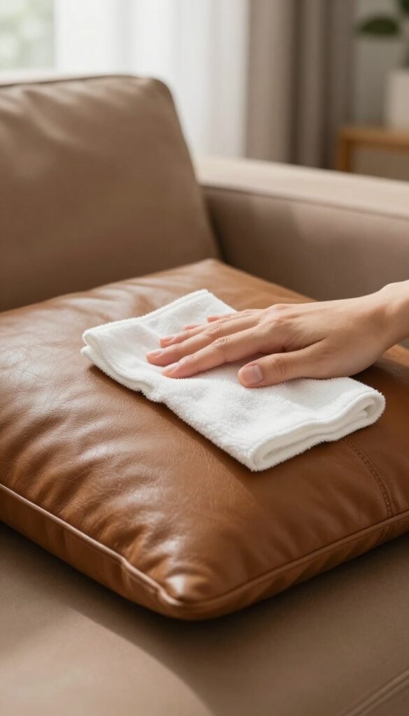 Hand wiping a leather couch cushion with a damp cloth in bright natural light