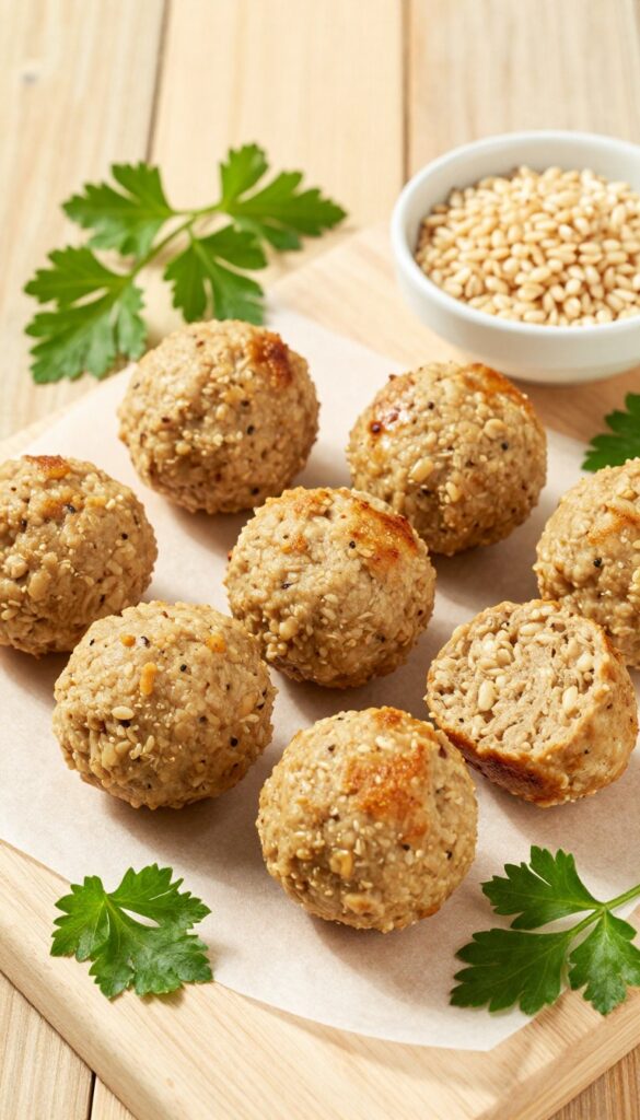 Homemade chicken barley meatballs for dogs on a baking sheet, with parsley and cooked barley on a wooden table.