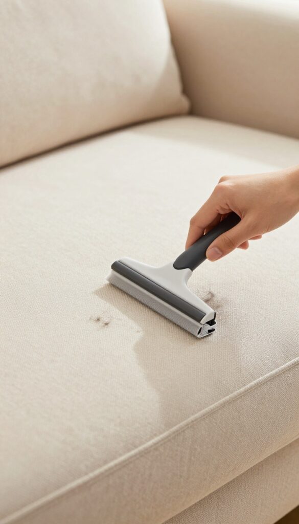 Using a rubber squeegee to remove pet hair from a fabric sofa