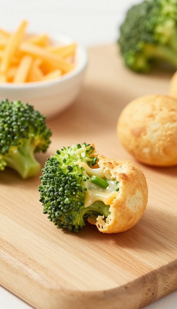 Homemade cheese and broccoli egg bites for dogs, golden and fluffy with green flecks, arranged on a wooden surface with ingredients in the background.