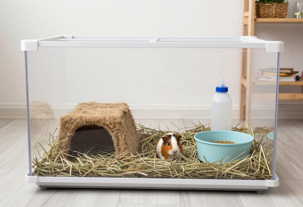 Guinea pig with homemade toys including cardboard box, toilet paper roll, and paper bag