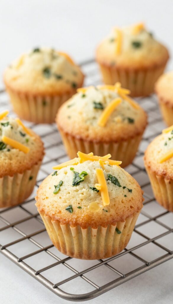 Freshly baked cheese and spinach mini muffins for dogs, arranged on a cooling rack, golden brown with visible spinach flecks.
