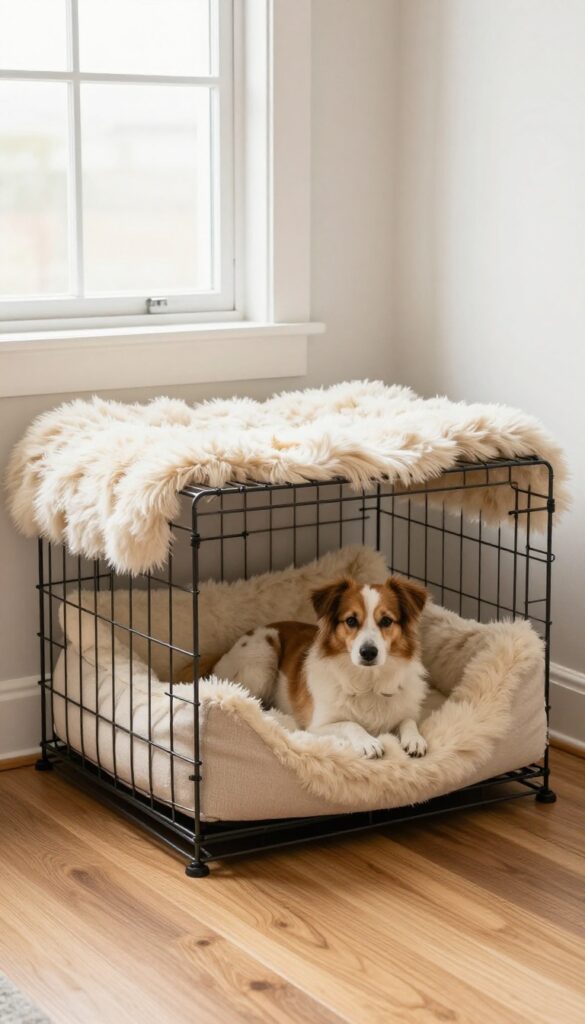 Cozy dog crate with faux fur throw and pillow