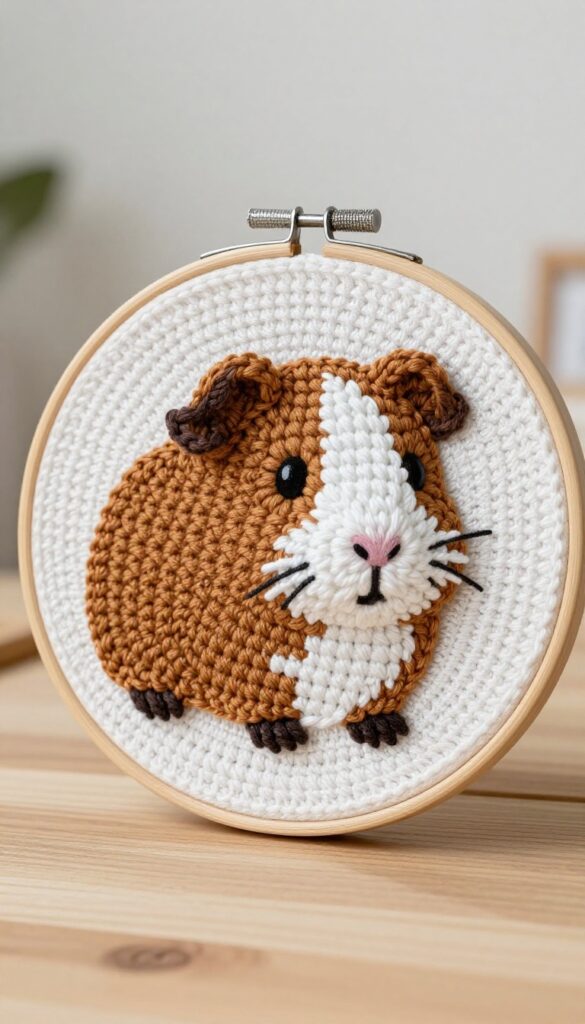 A framed tapestry crochet guinea pig face in a wooden hoop on a wooden surface, bright natural light, photorealistic.