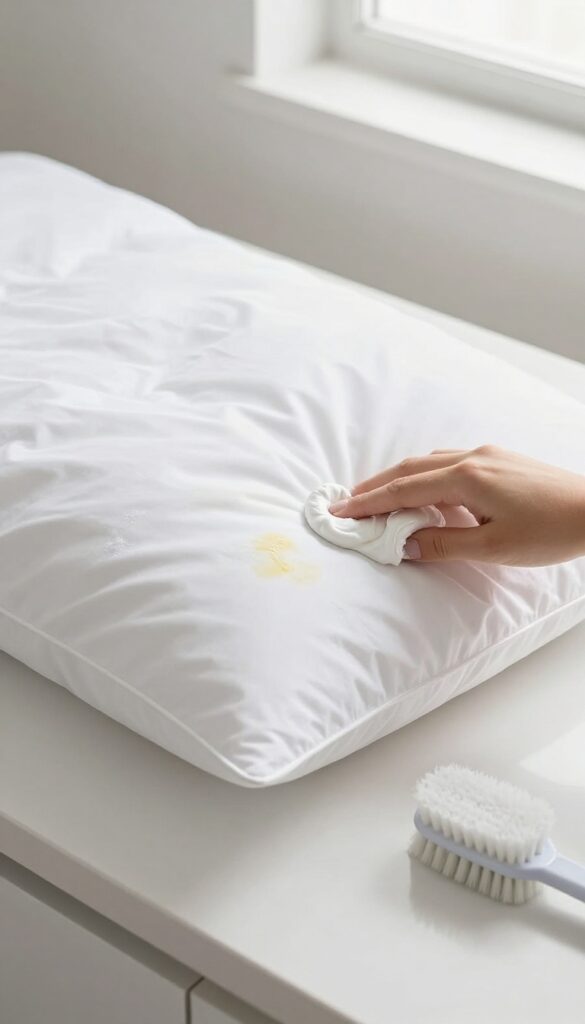 Pre-treating a yellow stain on a white pillow with a baking soda paste in a bright laundry room.