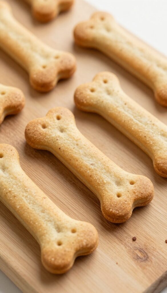 Homemade pumpkin and couscous dog biscuits in bone shapes, baked golden brown, arranged on a wooden surface.
