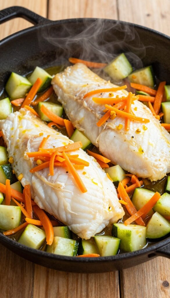 Whitefish and zucchini skillet dog food recipe, homemade low-fat dog meal with whitefish, zucchini, and carrots in a skillet.