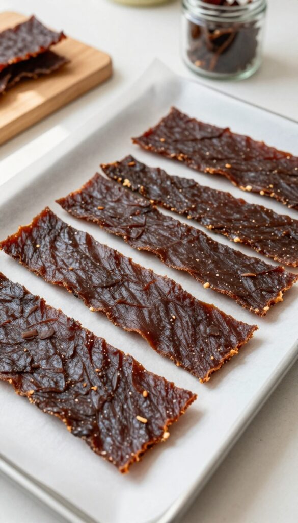 Homemade beef liver jerky strips for dogs arranged on a baking sheet, with a jar of finished jerky in the background.
