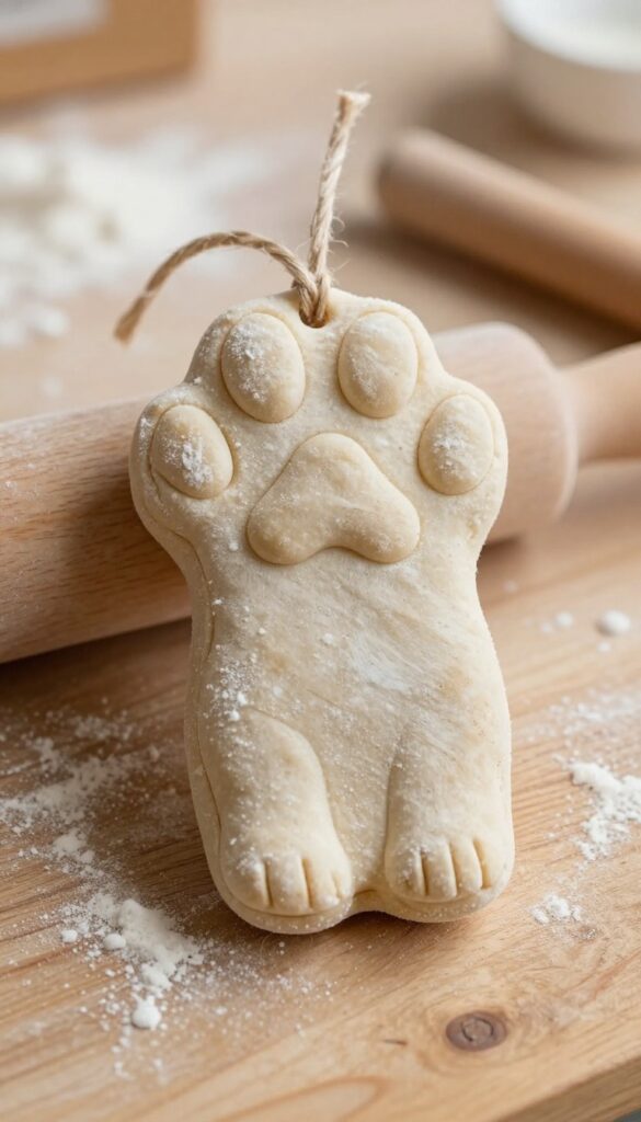 Close-up of a painted salt dough dog paw print ornament with twine on a wooden table, natural light, rustic crafting scene.