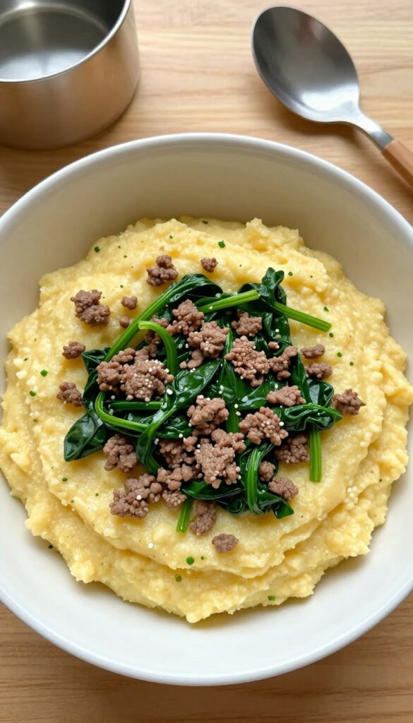 Homemade dog food bowl with creamy beef and spinach polenta mash, served in a white bowl on a wooden table.