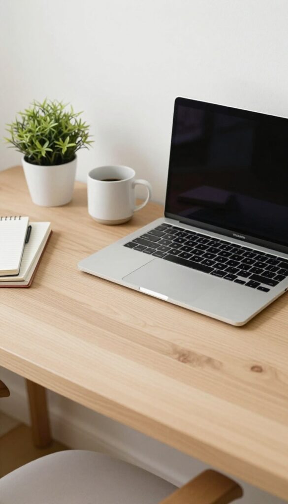 Clean minimalist desk with laptop, plant, mug, and notebooks in natural light