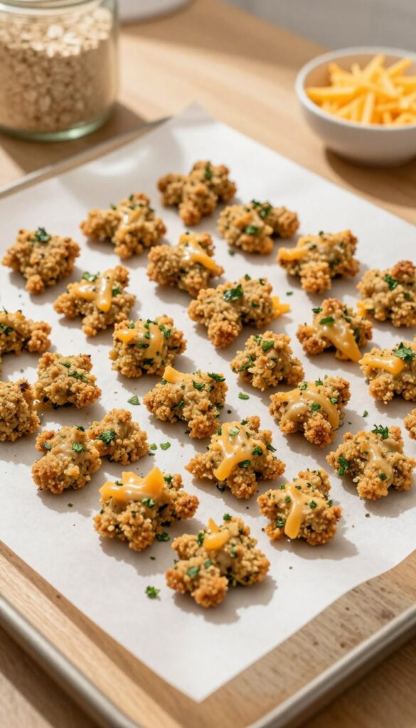 Homemade cheesy herb crumble dog food topper on a baking sheet, golden and crispy with parsley and cheddar, ready to sprinkle over kibble.