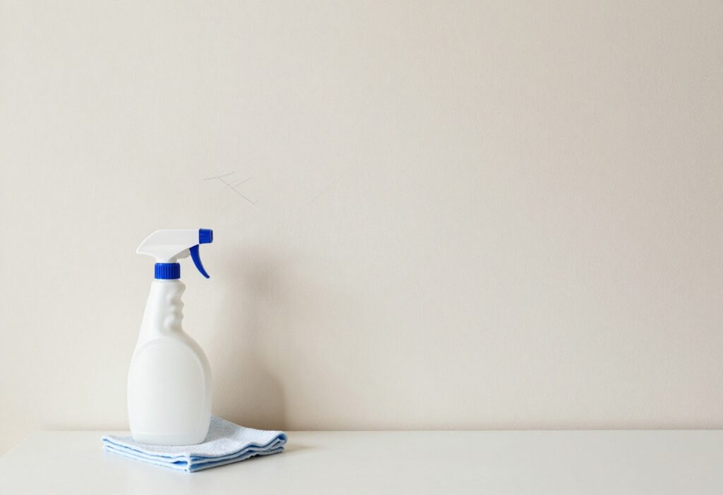Before and after cleaning a wall with a scuff mark and crayon line, showing a clean result with cleaning supplies nearby.