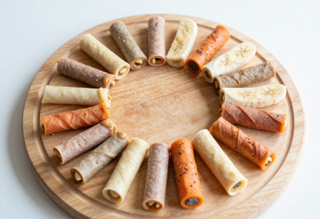 Assorted homemade dog food roll-ups sliced into pinwheels on a wooden board, featuring peanut butter banana and chicken sweet potato varieties.