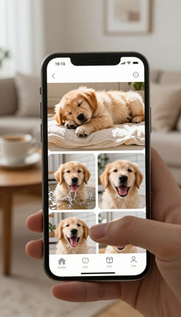 A hand holding a smartphone showing a digital photo album with multiple candid dog photos on the screen, set in a cozy living room.