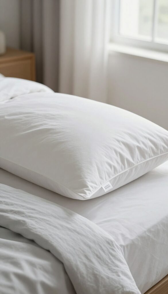 Close-up of a fluffy white pillow with a care label tag on a neatly made bed in a bright bedroom.