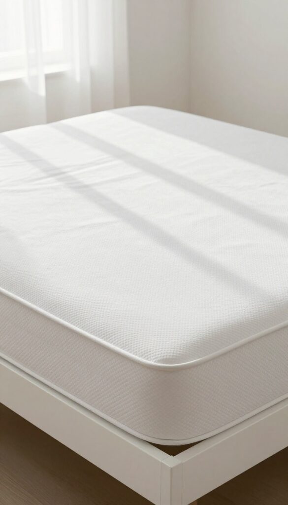 Bare mattress with bedding removed, ready for cleaning