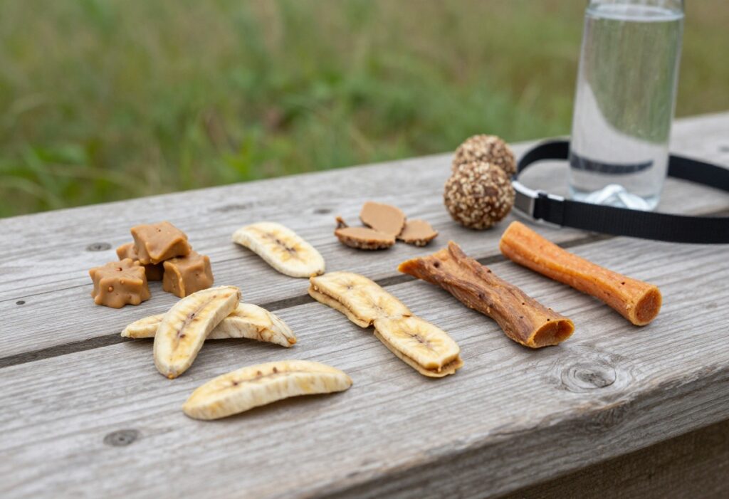 Homemade dog trail treats arranged on a wooden hiking trail, including peanut butter bites, sweet potato chews, and pumpkin balls, with a dog leash and water bottle nearby.