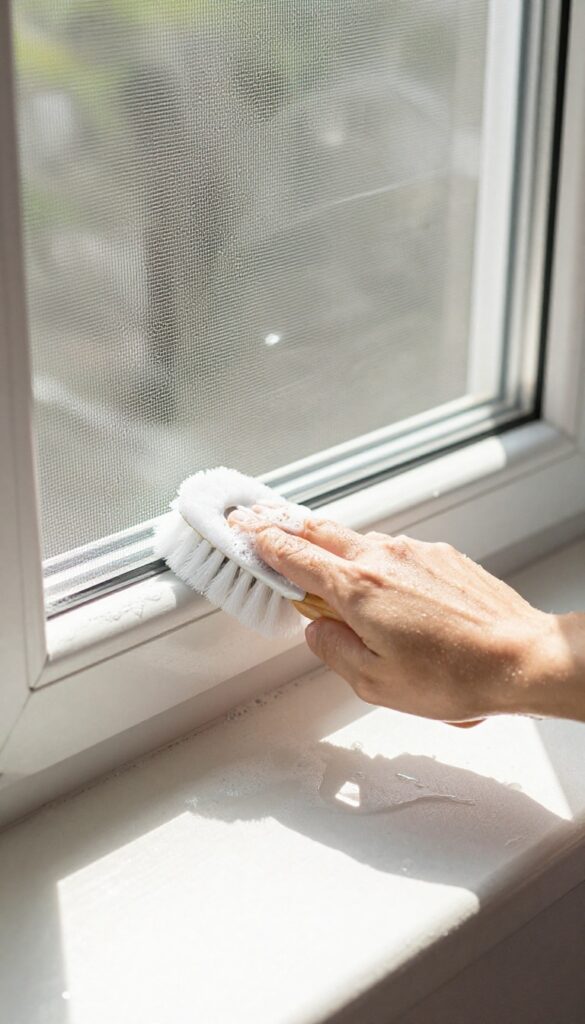 Cleaning window screen and track with brush and soapy water on a sunny patio
