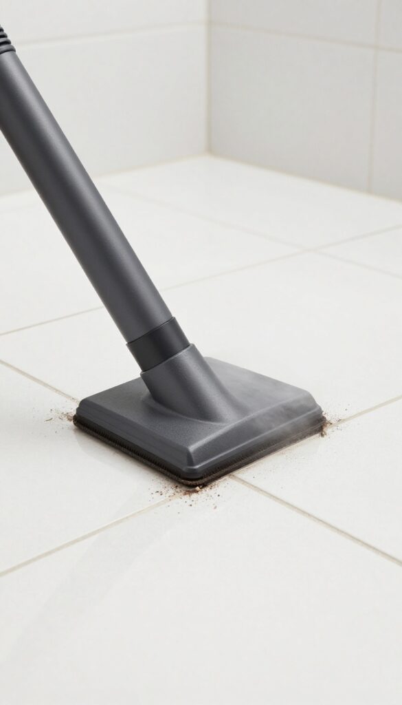 Handheld steam cleaner blasting steam onto dirty grout lines on a bathroom floor