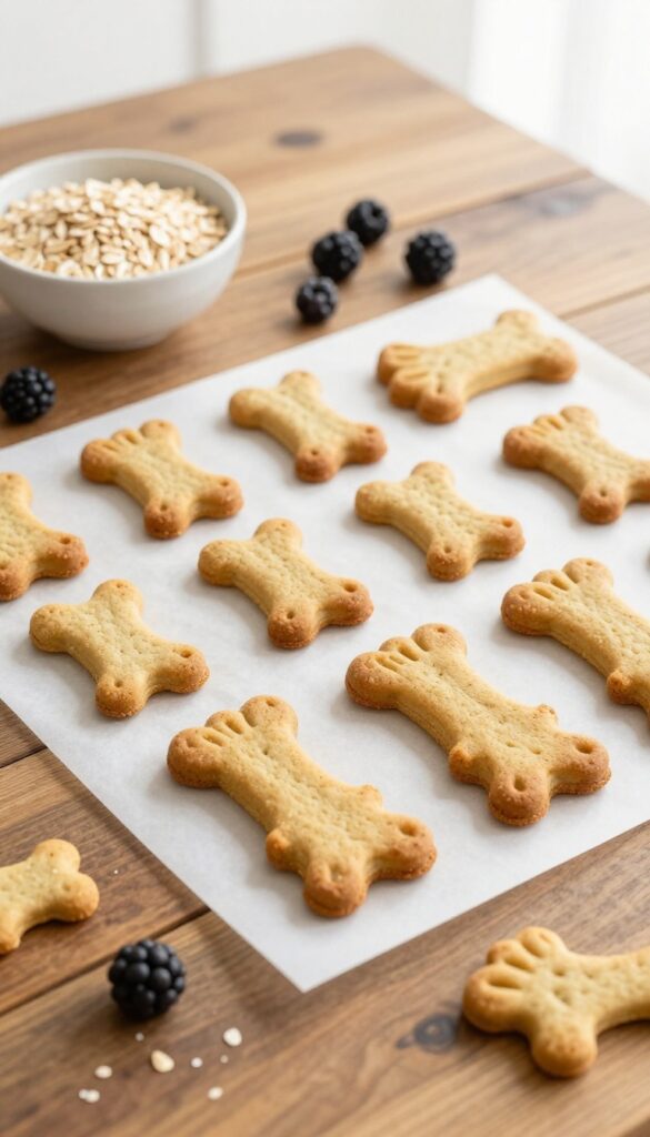 Homemade blackberry and oatmeal dog biscuits in bone and paw shapes on a baking sheet, with oats and blackberries nearby.