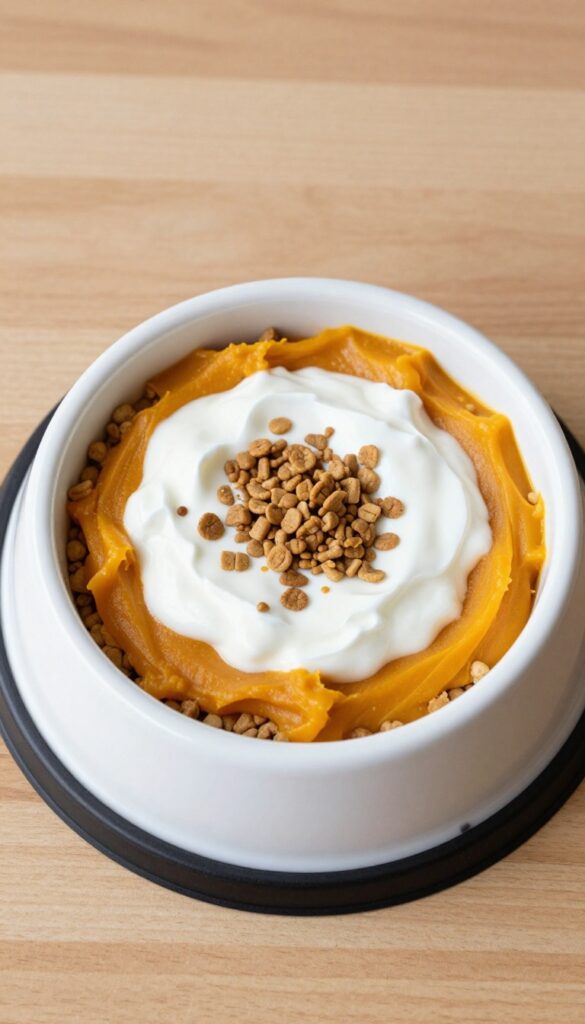 Layered pumpkin and yogurt slow feeder bowl for dogs