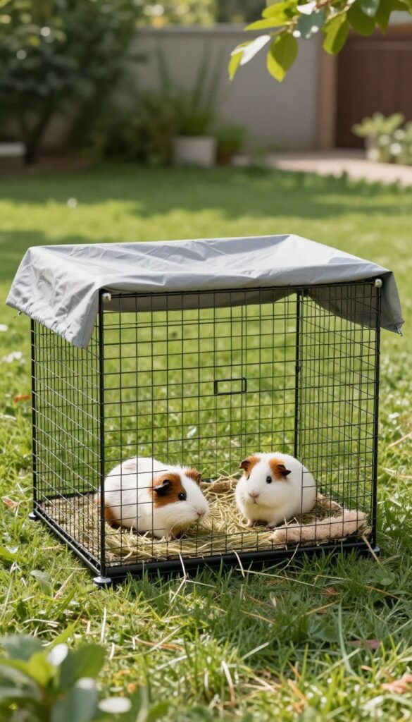 DIY wire cube guinea pig cage with tarp roof in sunny backyard
