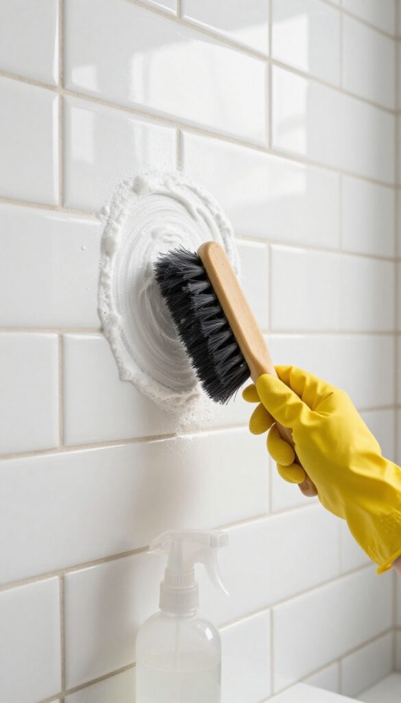 Hand scrubbing grout lines with a brush and baking soda paste in a bright bathroom
