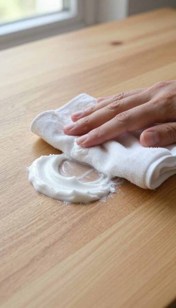 Cleaning a sticky spot on wood furniture with a baking soda paste and soft cloth