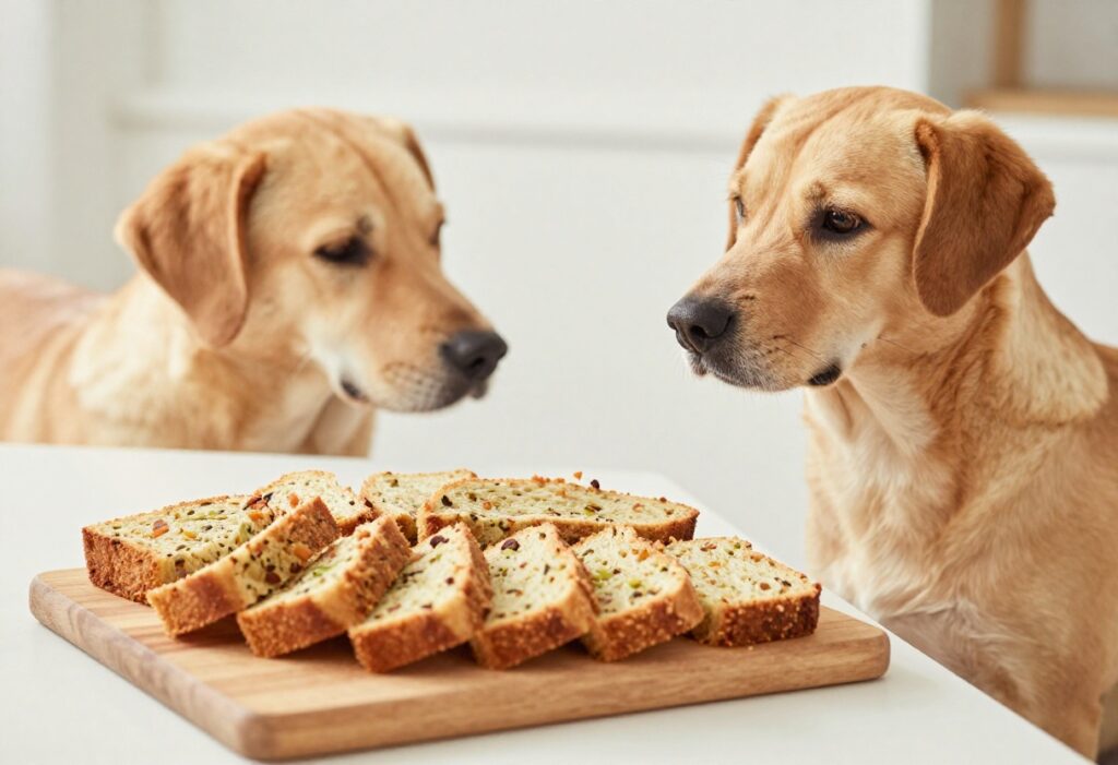 Slices of homemade dog food loaf on a cutting board with a dog sitting nearby, ready for a party treat.