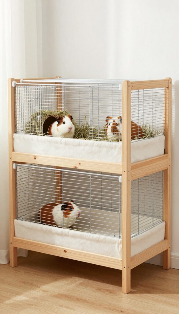 Guinea pig cage setup under a loft bed in a bright bedroom corner