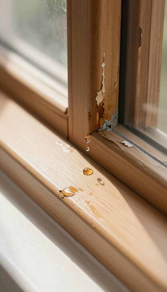 Close-up of a wooden window frame with peeling paint and water stain, a drip of water falling, bright natural light.