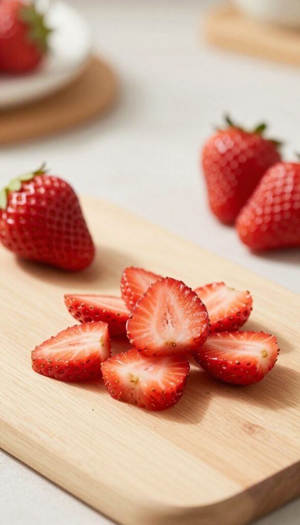 Sliced ripe strawberries on a wooden surface, bright natural light, clean composition, no text.