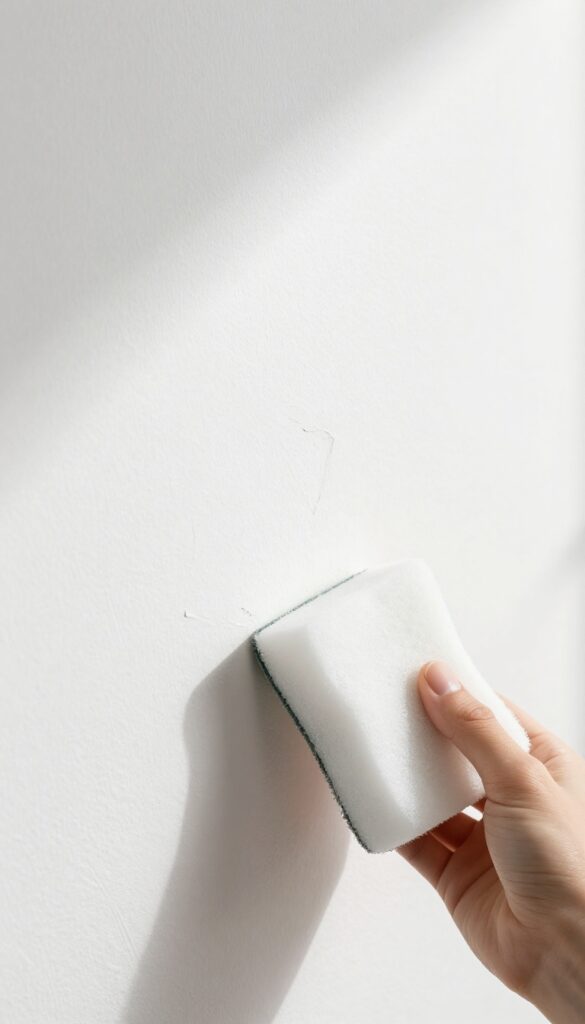 Hand using a damp melamine foam sponge to erase a scuff mark on a white painted wall