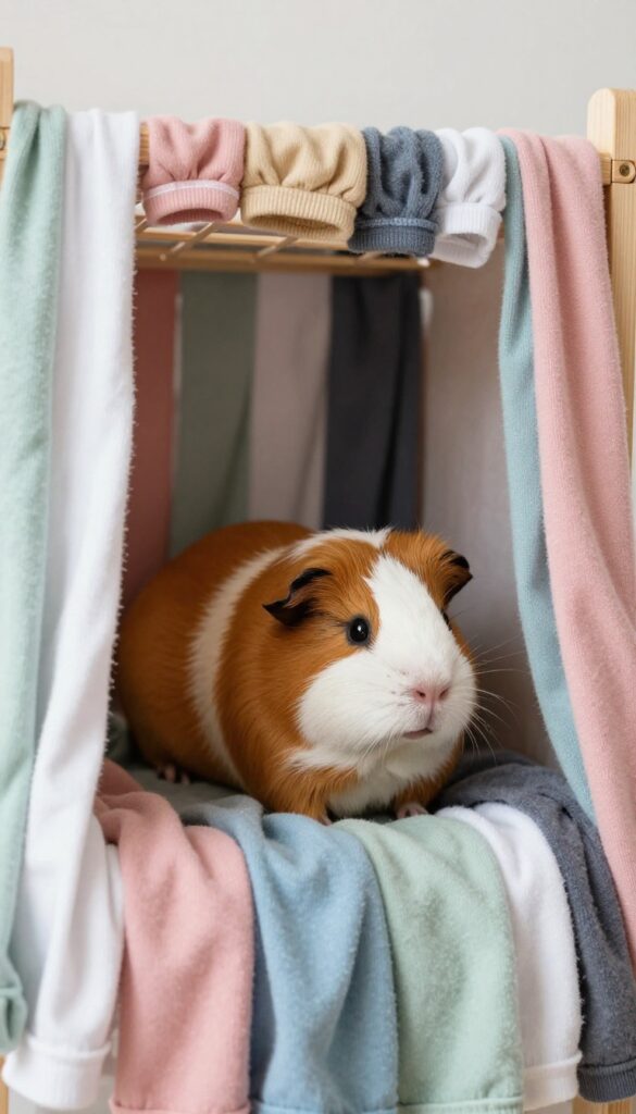Guinea pig in a DIY fleece forest made from old t-shirt strips hanging from a wooden frame inside a cage