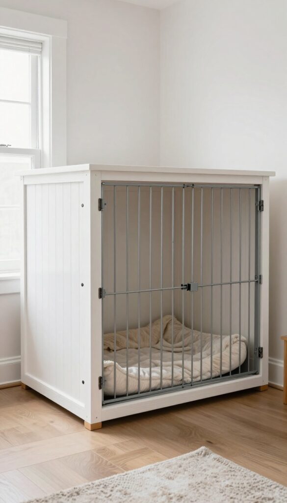 Wooden entertainment center converted into a large dog crate with a cozy bed inside, in a bright living room