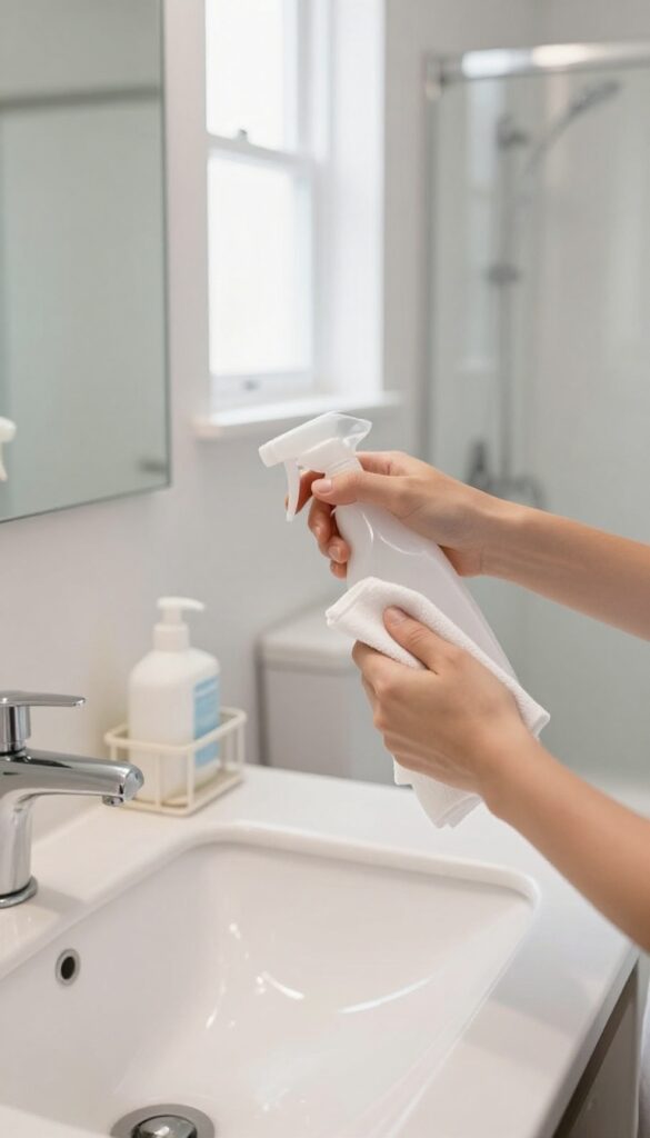 A person wiping a bathroom mirror during a quick 15-minute cleaning reset, with organized supplies nearby.