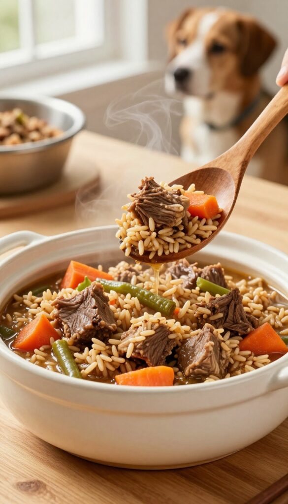 Homemade lamb and brown rice stew for dogs in a ceramic pot, with a wooden spoon serving it, natural light, pet-blog style.