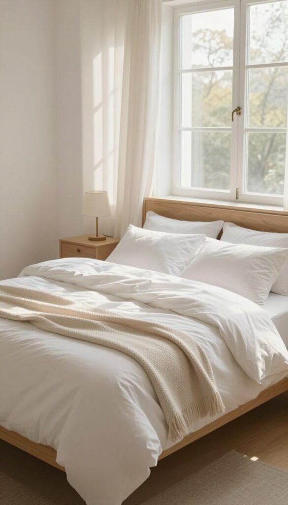 A neatly made bed in a bright bedroom with natural light, creating a calm and organized atmosphere.