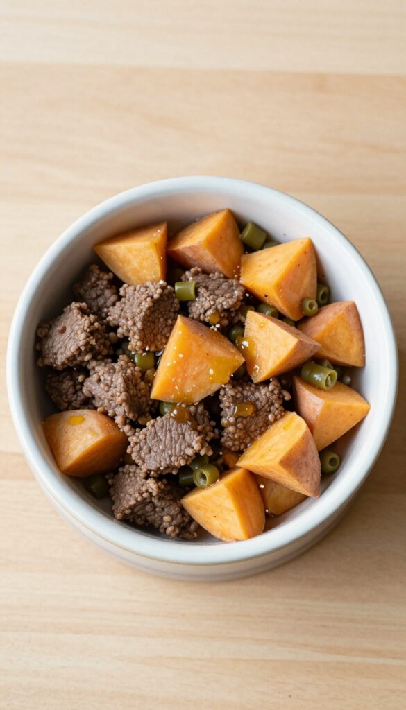 Homemade dog food bowl with beef, sweet potato, and green beans on a wooden table