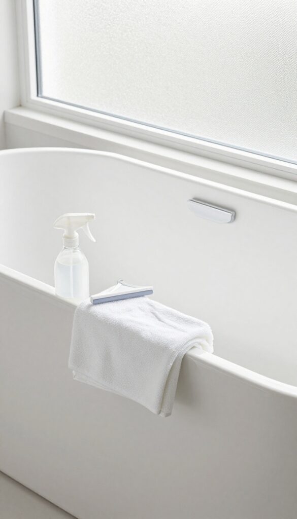 A clean bathtub with cleaning tools ready for a weekly routine