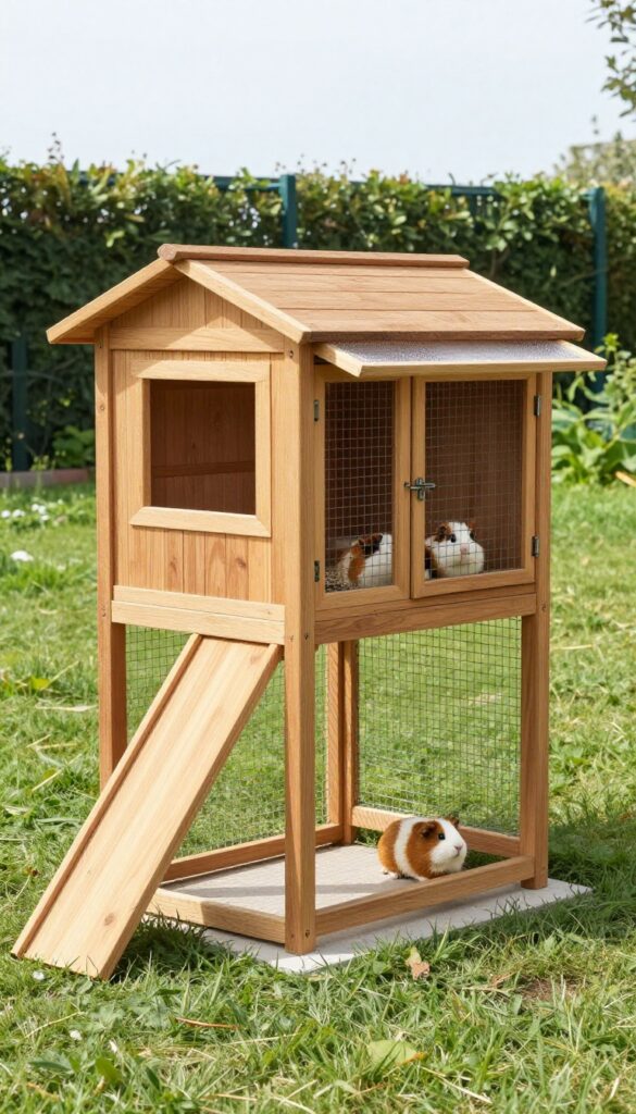 Elevated two-story guinea pig hutch with ramp and run on concrete pavers, shade cloth, and guinea pigs popcorning in the run