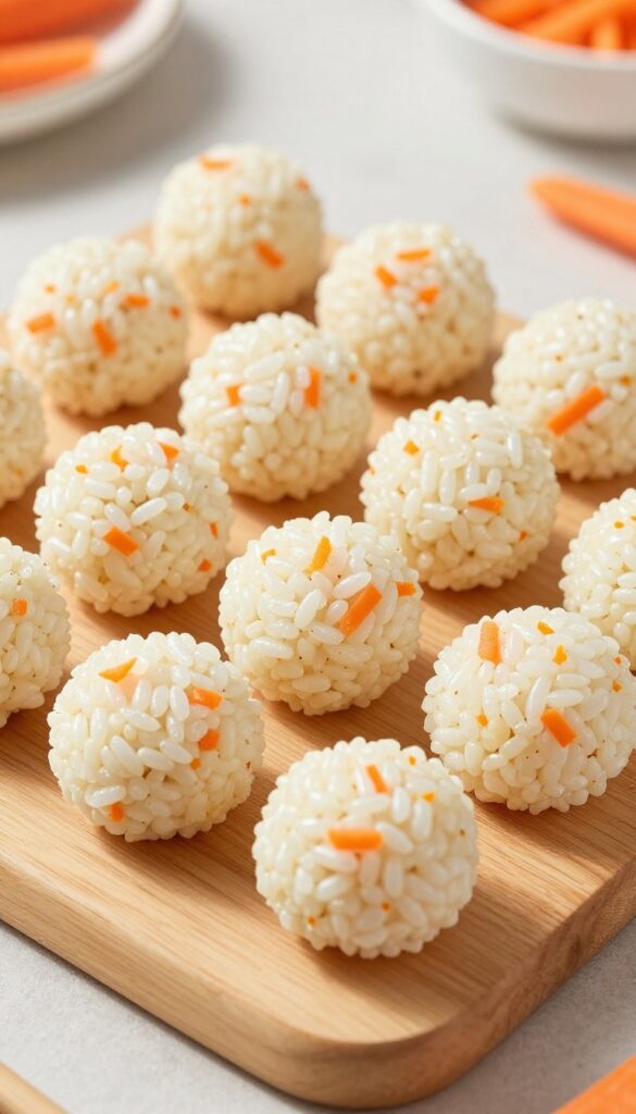 Homemade dog treat rice balls with pollock and carrot on a wooden board