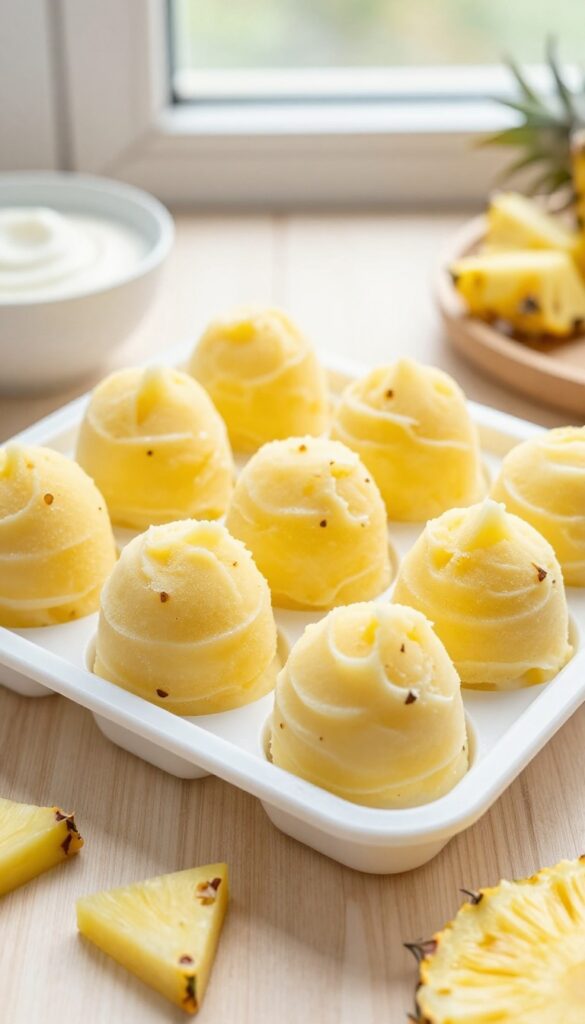 Homemade frozen pineapple yogurt dog treats in a silicone mold tray, served as cooling snacks for dogs.