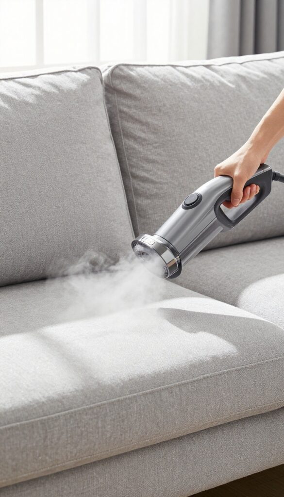 Handheld steam cleaner being used on a fabric couch in a bright living room
