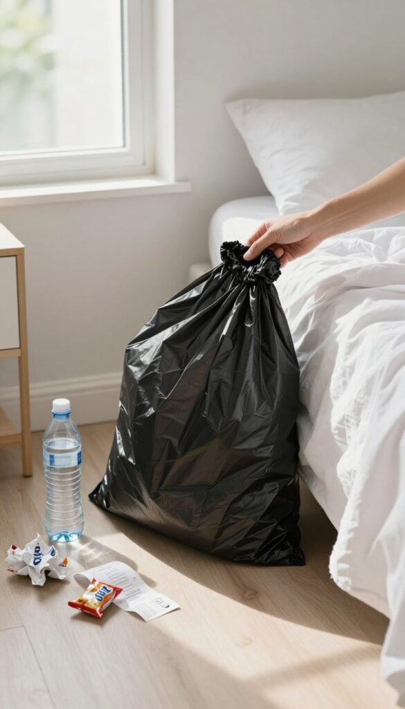 Person holding a trash bag in a bedroom, picking up visible trash items like bottles and wrappers from the floor near a nightstand.
