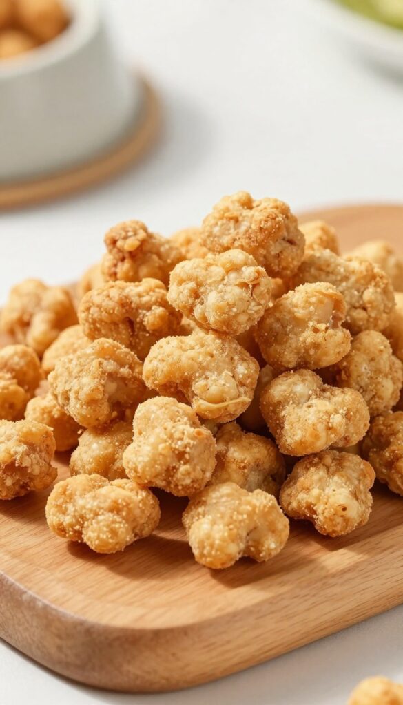 Homemade freeze-dried chicken gizzard dog treats arranged on a wooden board, crunchy texture, bright natural light, pet blog photography style.