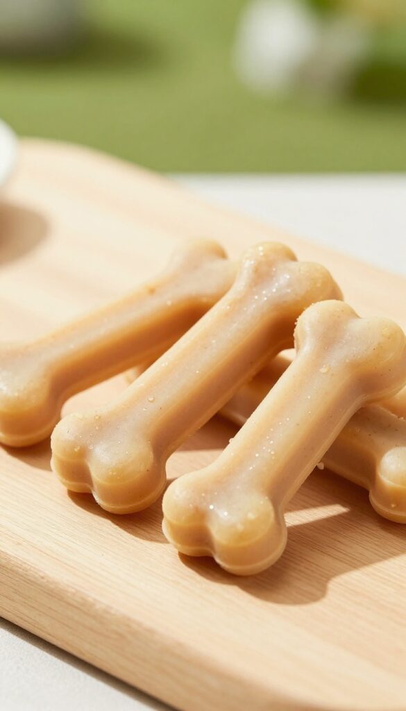 Homemade frozen dog treats made from peanut butter, banana, and yogurt, shaped like bones on a wooden surface.