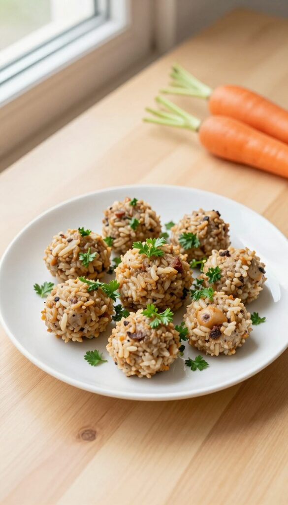 Homemade chicken and rice meatballs for dogs on a plate with parsley and carrots, natural lighting, dog treat recipe.